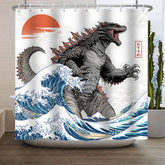 Aperturee - Aperturee Japanese Great Wave Monster Shower Curtain Ukiyo-e Style Red Sun Vintage Asian Art Bathroom Decor