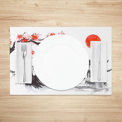 Aperturee - Aperturee Japanese Ink Painting Placemats Set of 4 with Red Sun and Mountain for Zen and Asian Inspired Decor
