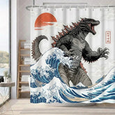 Aperturee - Aperturee Japanese Kaiju Monster Shower Curtain Great Wave Ocean Art Red Sun and Fuji Bathroom Decor