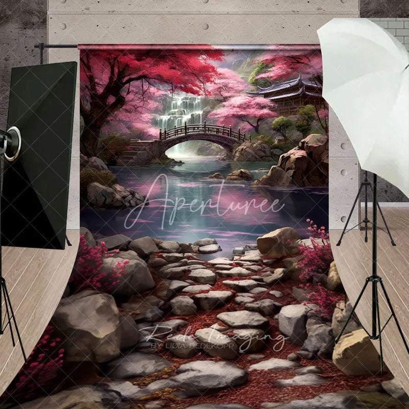 Aperturee - Aperturee Japanese Spring Cherry Blossom Waterfall Backdrop Wooden Bridge Rocky River Landscape Photography Background