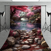 Aperturee - Aperturee Japanese Spring Cherry Blossom Waterfall Backdrop Wooden Bridge Rocky River Landscape Photography Background