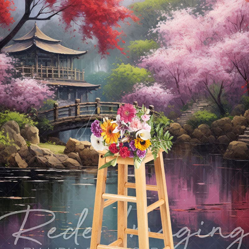 Aperturee - Aperturee Japanese Spring Garden Cabin Lake Photo Backdrop