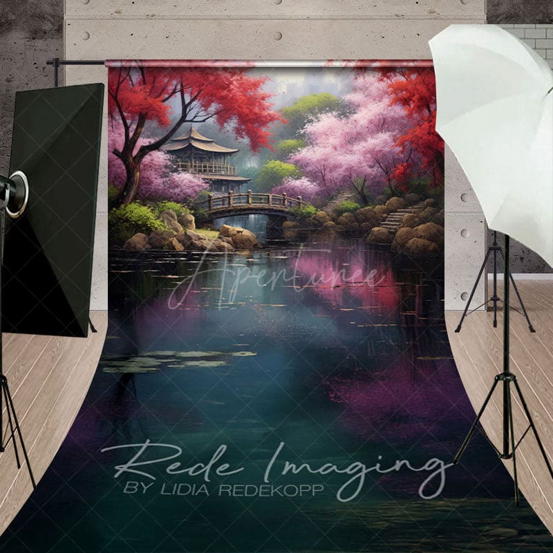 Aperturee - Aperturee Japanese Spring Garden Cabin Lake Sweep Backdrop