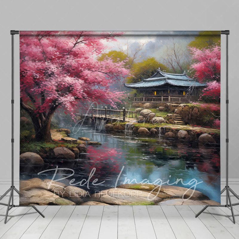 Aperturee - Aperturee Japanese Spring Garden Lake Cabin Photo Backdrop