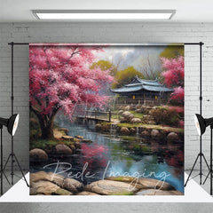 Aperturee - Aperturee Japanese Spring Garden Lake Cabin Photo Backdrop