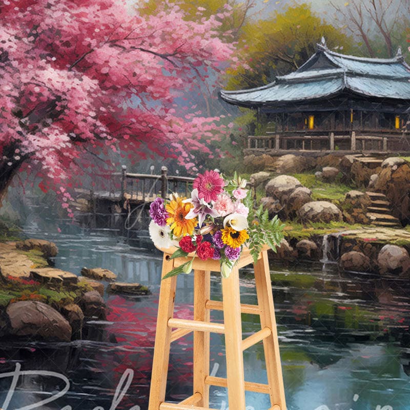 Aperturee - Aperturee Japanese Spring Garden Lake Cabin Photo Backdrop