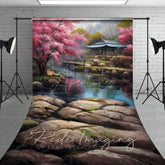 Aperturee - Aperturee Japanese Spring Garden Lake Cabin Sweep Backdrop