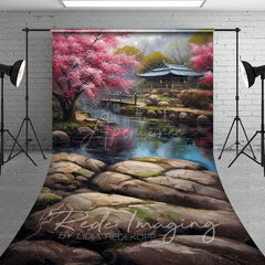Aperturee - Aperturee Japanese Spring Garden Lake Cabin Sweep Backdrop