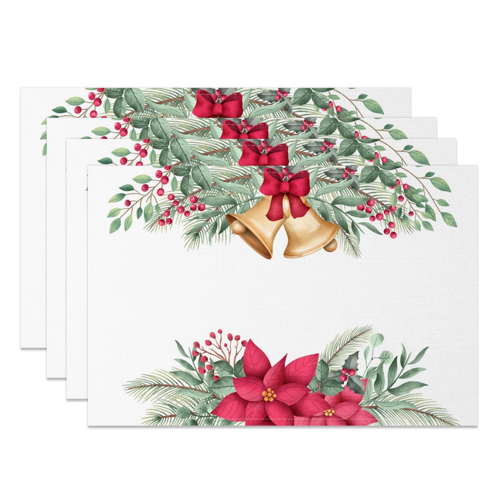 Aperturee - Aperturee Jingle Bell Cherry Poinsettia Xmas Set Of 4 Placemats