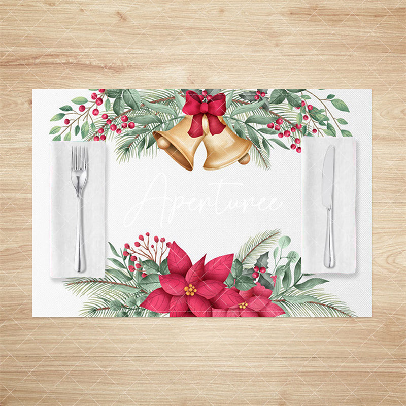 Aperturee - Aperturee Jingle Bell Cherry Poinsettia Xmas Set Of 4 Placemats