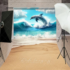Aperturee - Aperturee Jumping Dolphin Ocean Waves Summer Backdrop Seamless Beach Sand Sweep Portrait Studio Background