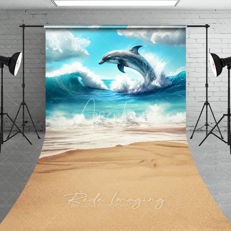Aperturee - Aperturee Jumping Dolphin Ocean Waves Summer Backdrop Seamless Beach Sand Sweep Portrait Studio Background