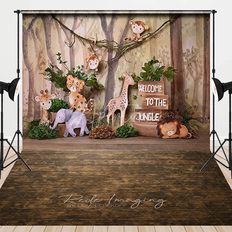 Aperturee - Aperturee Jungle Safari Animals Combo Set Backdrop Watercolor Monkey Giraffe Lion Baby Shower Birthday Party Decoration