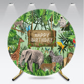 Aperturee - Aperturee Jungle Safari Happy Birthday Round Backdrop Wild Animals with Tropical Leaves Zoo Themed Party Photo Prop