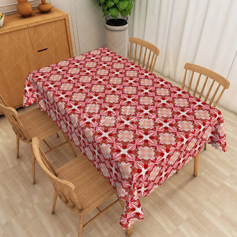 Aperturee - Aperturee Kaleidoscope Floral Rectangle Tablecloth Red Symmetrical Pattern Dining Table Cover