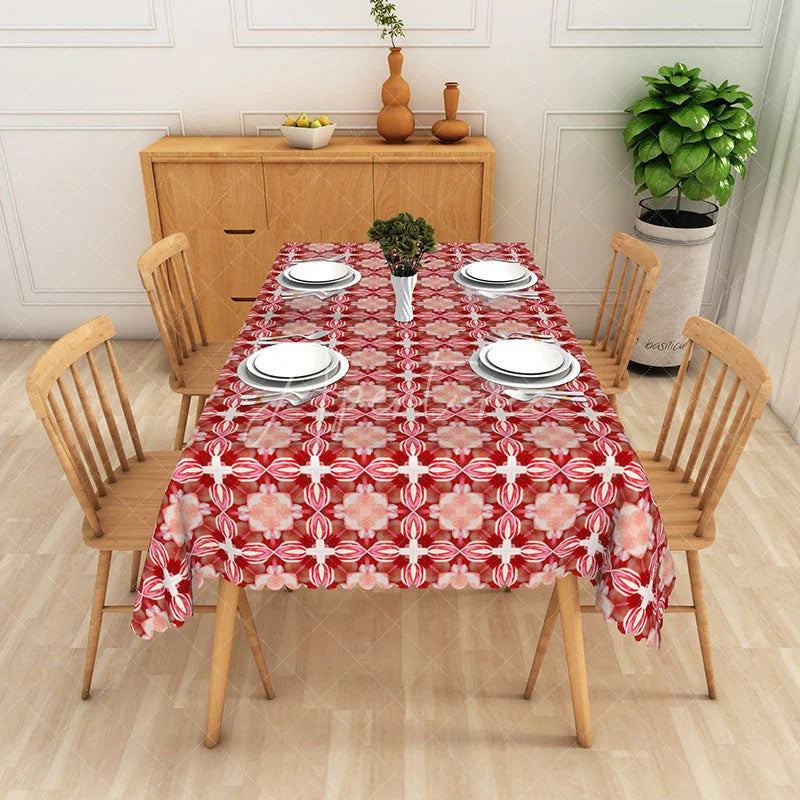 Aperturee - Aperturee Kaleidoscope Floral Rectangle Tablecloth Red Symmetrical Pattern Dining Table Cover