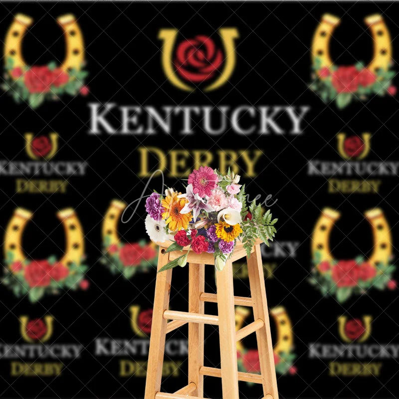 Aperturee - Aperturee Kentucky Derby Backdrop Horseshoe and Red Rose Pattern Horse Racing Party Step and Repeat Background