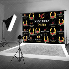 Aperturee - Aperturee Kentucky Derby Backdrop Horseshoe and Red Rose Pattern Horse Racing Party Step and Repeat Background