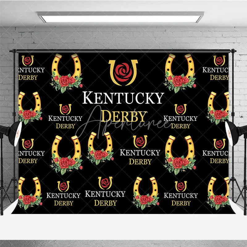 Aperturee - Aperturee Kentucky Derby Backdrop Horseshoe and Red Rose Pattern Horse Racing Party Step and Repeat Background