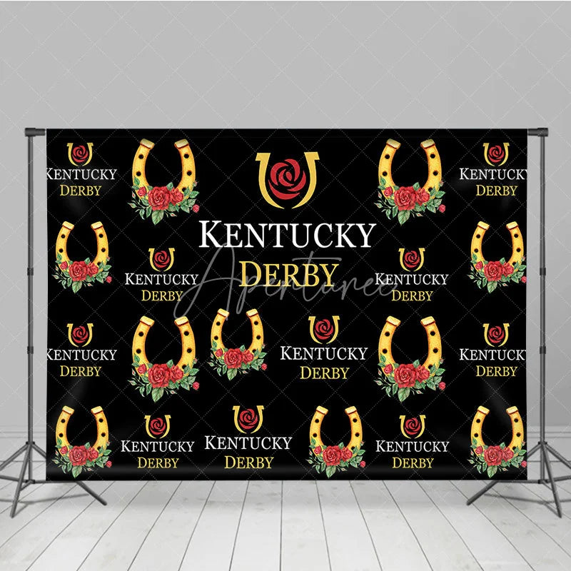 Aperturee - Aperturee Kentucky Derby Backdrop Horseshoe and Red Rose Pattern Horse Racing Party Step and Repeat Background