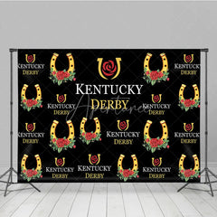 Aperturee - Aperturee Kentucky Derby Backdrop Horseshoe and Red Rose Pattern Horse Racing Party Step and Repeat Background