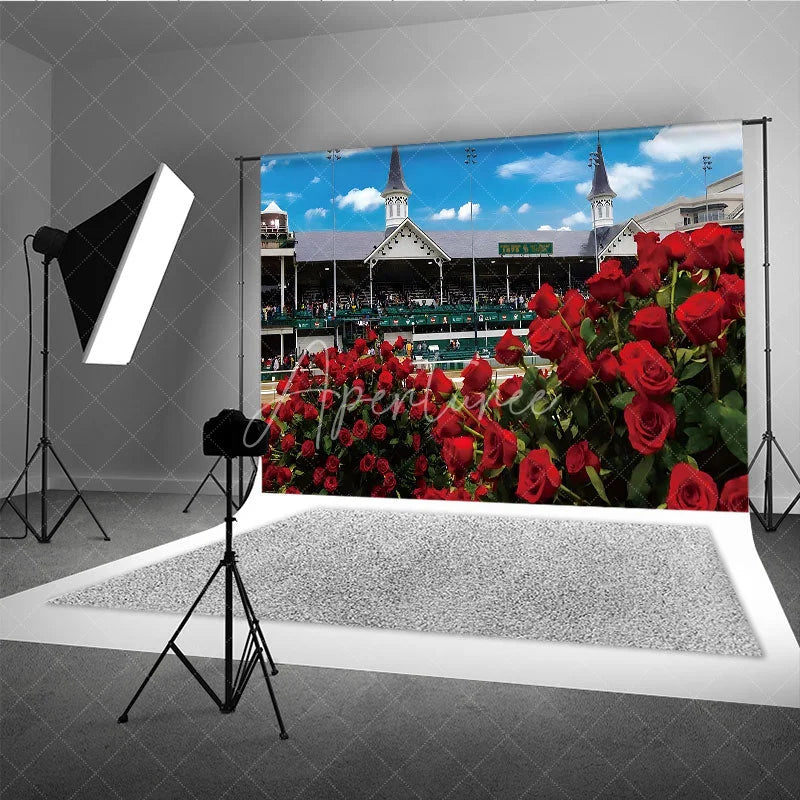 Aperturee - Aperturee Kentucky Derby Horse Racing Backdrop Churchill Downs Twin Spires and Red Roses Photography Background