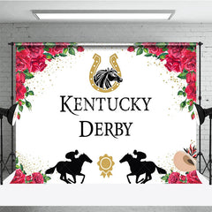 Aperturee - Aperturee Kentucky Derby Horse Racing Backdrop Floral Red Roses and Jockey Silhouette Party Background