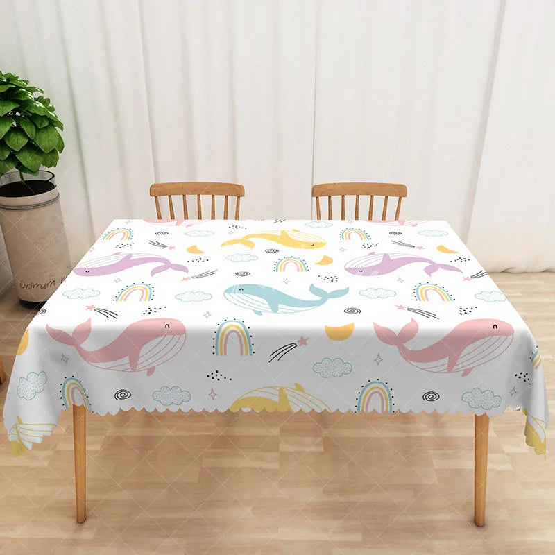 Aperturee - Aperturee Kids Whale Pattern Tablecloth Colorful Ocean Animal Theme for Under the Sea Birthday Party Decor