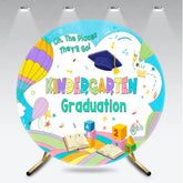 Aperturee - Aperturee Kindergarten Graduation Round Backdrop featuring Hot Air Balloons Books and Blocks for Future Adventures Party.