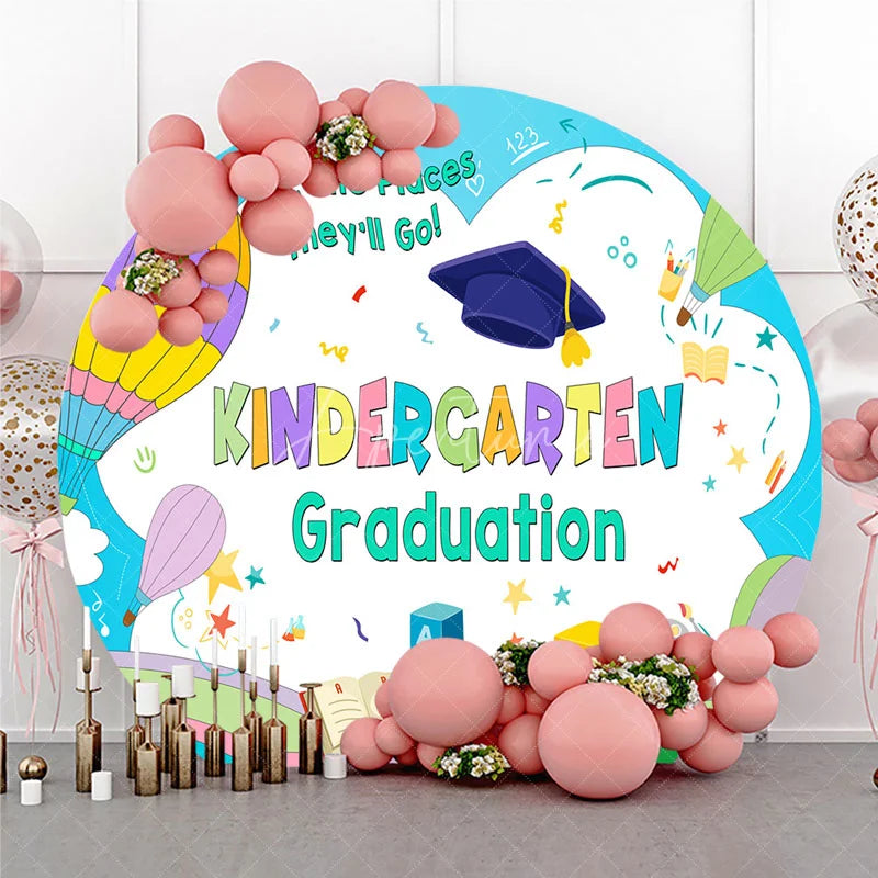 Aperturee - Aperturee Kindergarten Graduation Round Backdrop featuring Hot Air Balloons Books and Blocks for Future Adventures Party.