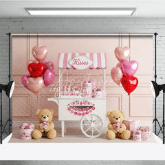 Aperturee - Aperturee Kisses Booth Valentine Day Backdrop Teddy Bear Heart Balloons Pink Cart Background Sweet Photography Decor