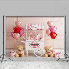 Aperturee - Aperturee Kisses Booth Valentine Day Backdrop Teddy Bear Heart Balloons Pink Cart Background Sweet Photography Decor