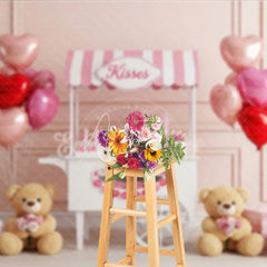 Aperturee - Aperturee Kisses Booth Valentine Day Backdrop Teddy Bear Heart Balloons Pink Cart Background Sweet Photography Decor