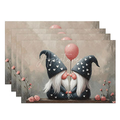 Aperturee - Aperturee Kissing Gnome Blue Hat Set of 4 Placemats Pink Balloon Valentine Decoration Romantic Couple Dining Table Mat