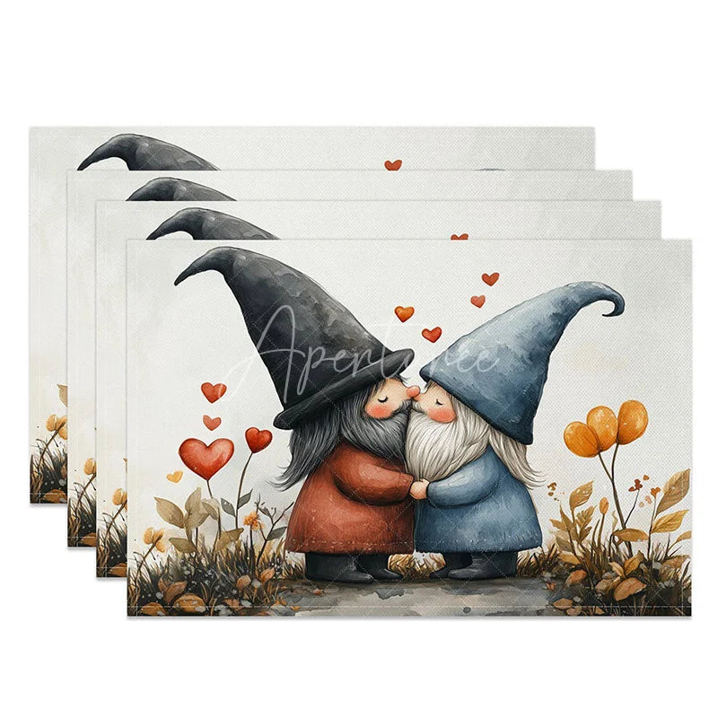 Aperturee - Aperturee Kissing Gnome Tall Hat Set of 4 Placemats Red Heart Valentine Decoration Whimsical Love Dining Table Mat