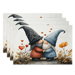 Aperturee - Aperturee Kissing Gnome Tall Hat Set of 4 Placemats Red Heart Valentine Decoration Whimsical Love Dining Table Mat