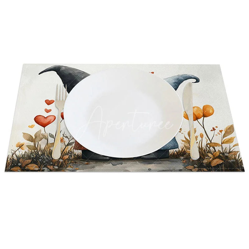 Aperturee - Aperturee Kissing Gnome Tall Hat Set of 4 Placemats Red Heart Valentine Decoration Whimsical Love Dining Table Mat
