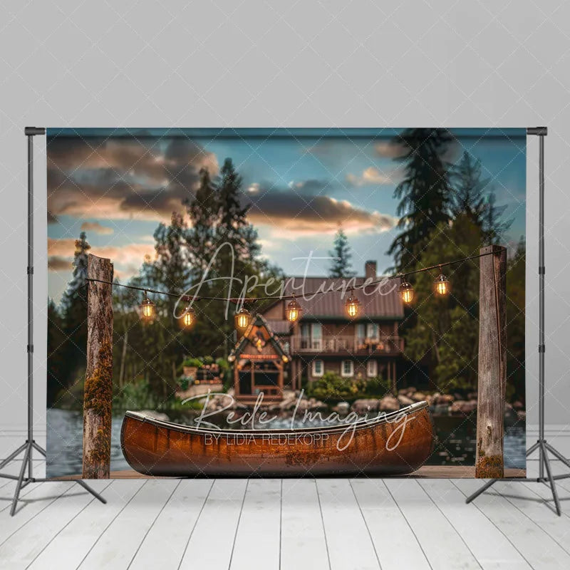 Aperturee - Aperturee Lake Cabin Sunset Backdrop Wooden Canoe and Glowing String Lights Photography Background for Summer Camp