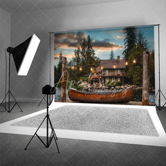 Aperturee - Aperturee Lake Cabin Sunset Backdrop Wooden Canoe and Glowing String Lights Photography Background for Summer Camp