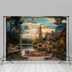 Aperturee - Aperturee Lake Sunset Wooden Canoe Photography Backdrop Rustic Cabin and String Lights Studio Background