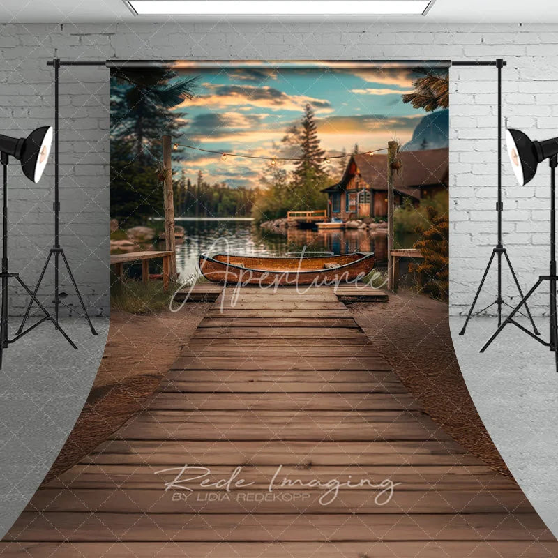 Aperturee - Aperturee Lake Sunset Wooden Canoe Photography Backdrop Rustic Cabin and String Lights Sweep Studio Background