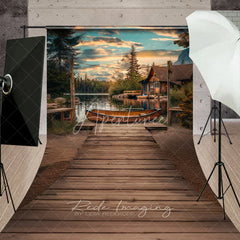 Aperturee - Aperturee Lake Sunset Wooden Canoe Photography Backdrop Rustic Cabin and String Lights Sweep Studio Background