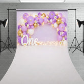 Aperturee - Aperturee Lavender and Gold Balloons First Birthday Sweep Backdrop One Year Old Party with Daisy Flowers and Fairy Lights Decor