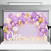 Aperturee - Aperturee Lavender Purple and Gold Balloon Arch Photography Backdrop with Daisies Butterflies for First Birthday Party