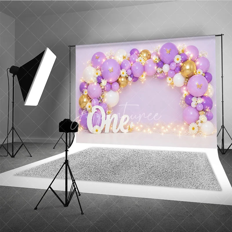Aperturee - Aperturee Lavender Purple and Gold Balloon Arch Photography Backdrop with Daisies Butterflies for First Birthday Party
