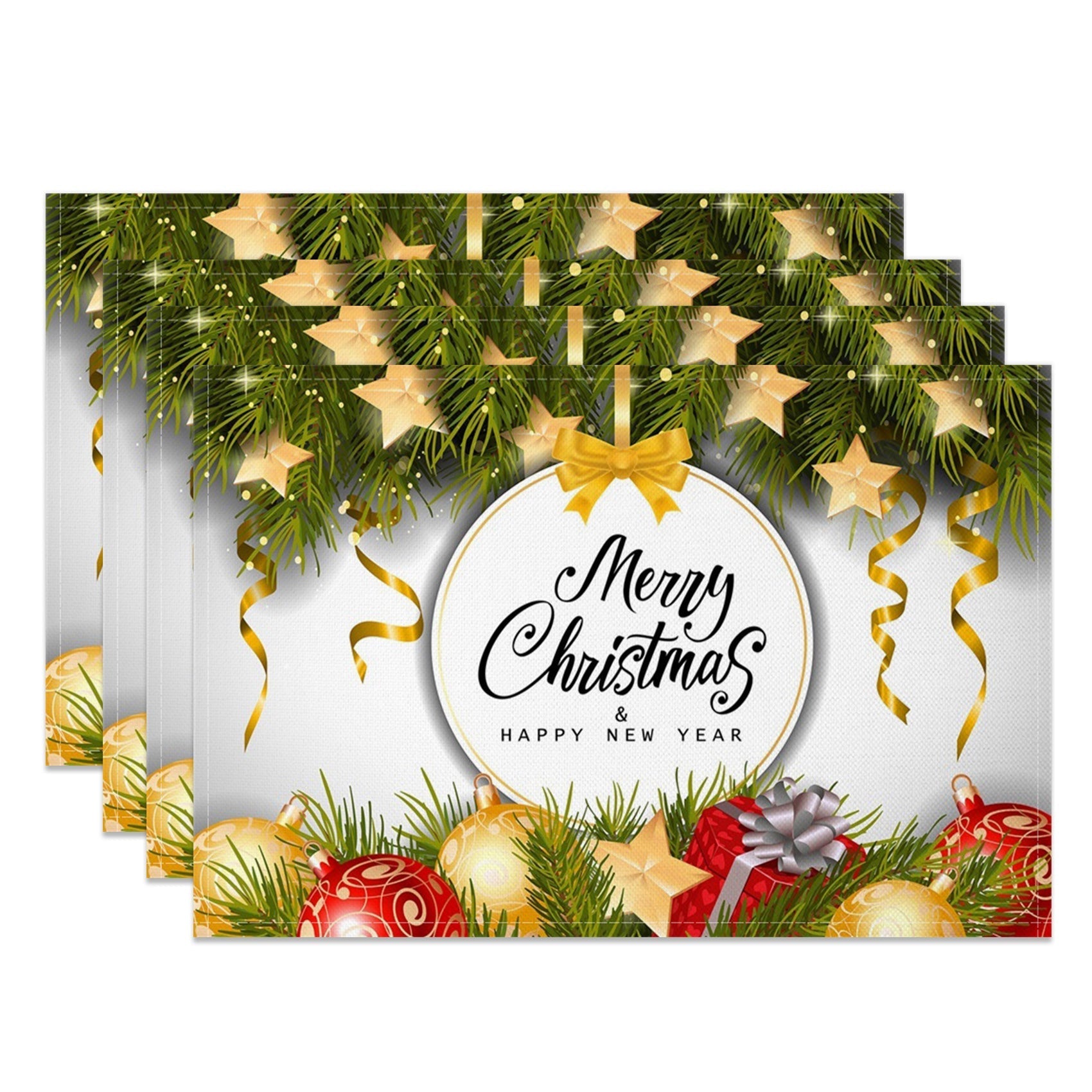 Aperturee - Aperturee Leaves Bauble Ribbons Xmas New Year Set Of 4 Placemats