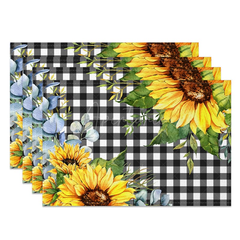 Aperturee - Aperturee Leaves Sunflower Black White Plaid Set Of 4 Placemats