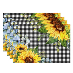 Aperturee - Aperturee Leaves Sunflower Black White Plaid Set Of 4 Placemats