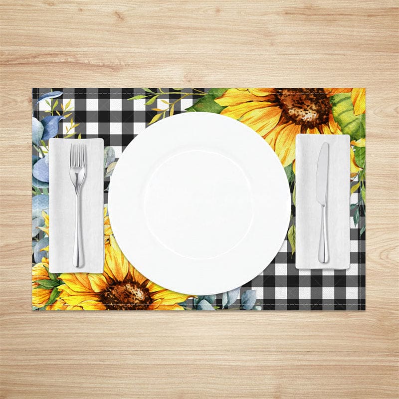 Aperturee - Aperturee Leaves Sunflower Black White Plaid Set Of 4 Placemats