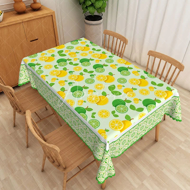 Aperturee - Aperturee Lemon and Lime Rectangle Tablecloth Citrus Fruit Pattern Dining Table Cloth Decor